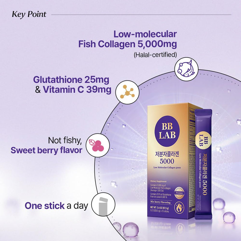 BB LAB Low Molecular Collagen 5000, Marine Collagen, Berry, 6.5g x 15 Sticks (3.44 oz)
