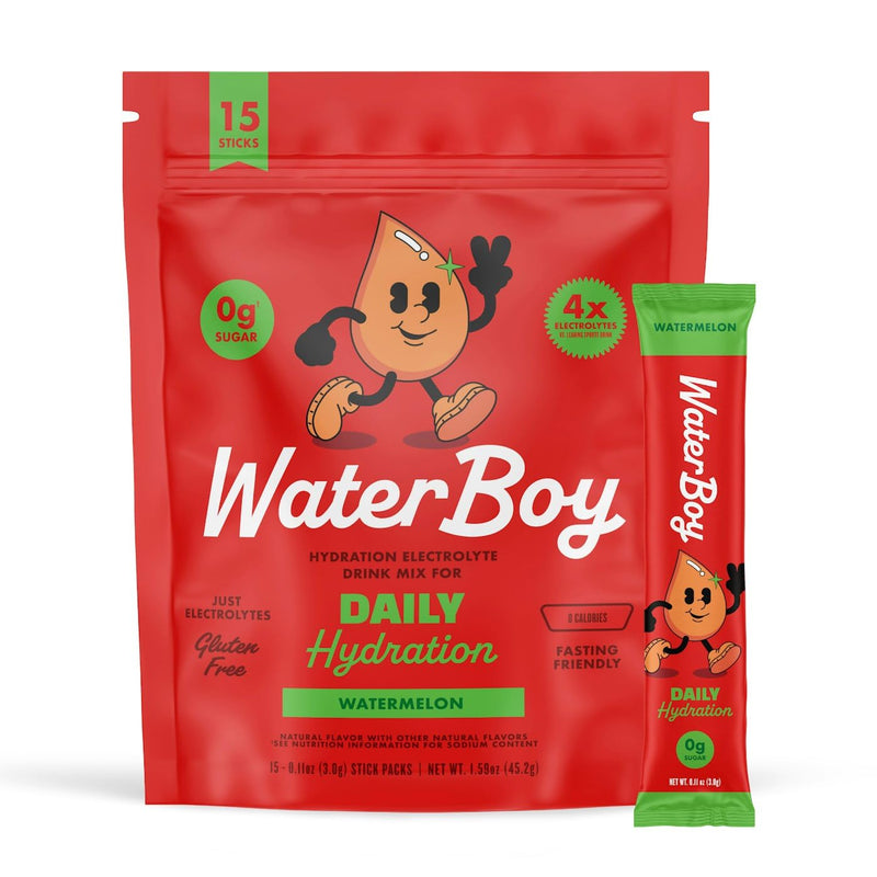 [Australia] - Waterboy Daily Hydration | 1,570mg Electrolyte Powder Packets | No Sugar, All Natural, Gluten Free, Zero Calories | 15 Drink Stick Mixes (Watermelon) Watermelon 1.6 Ounce (Pack of 1) 