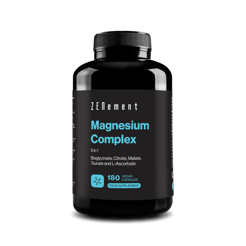 Magnesium Complex, 5 in 1 - Bisglycinate, Citrate, Malate, Taurate & L-Ascorbate - High Bioavailability and Tolerance, No Magnesium Oxide - 360 mg per Serving - 180 Capsules - Zenement
