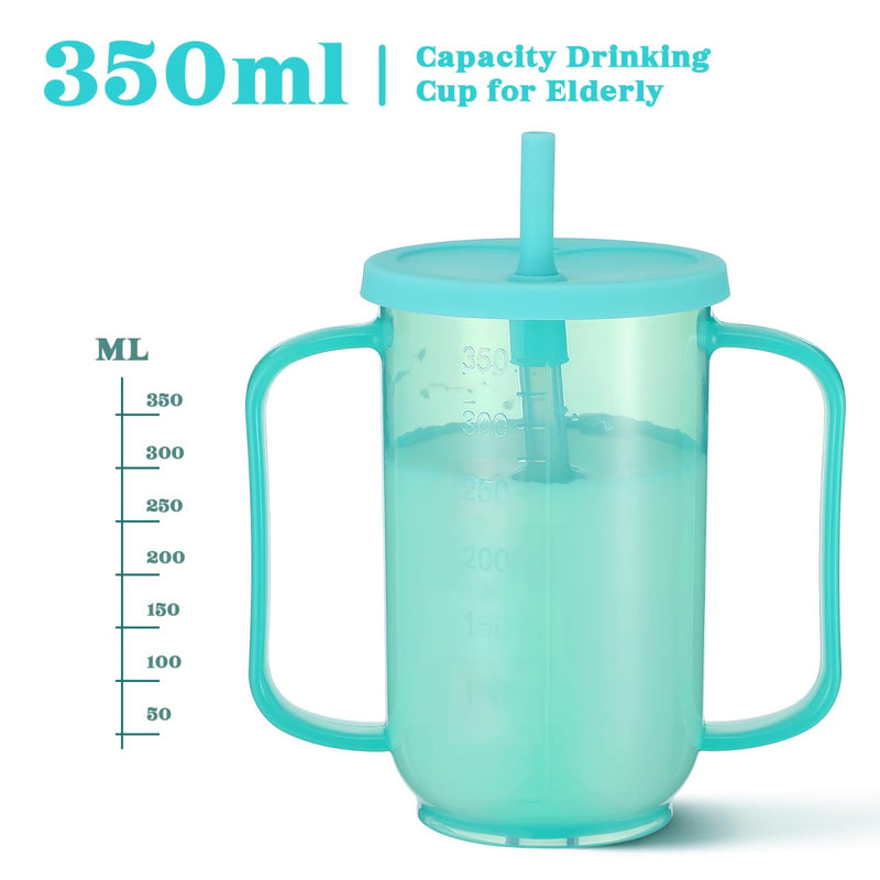 Gatuida 350ml Adult Drinking Cup for Elderly, Plastic Non-Spill Cups, Portable Two Handled Cup, Spill-Proof Sippy Cups with Straw and Lid for Bedridden Patients, Disabled, Hospital, Convalescent Care Short Straw