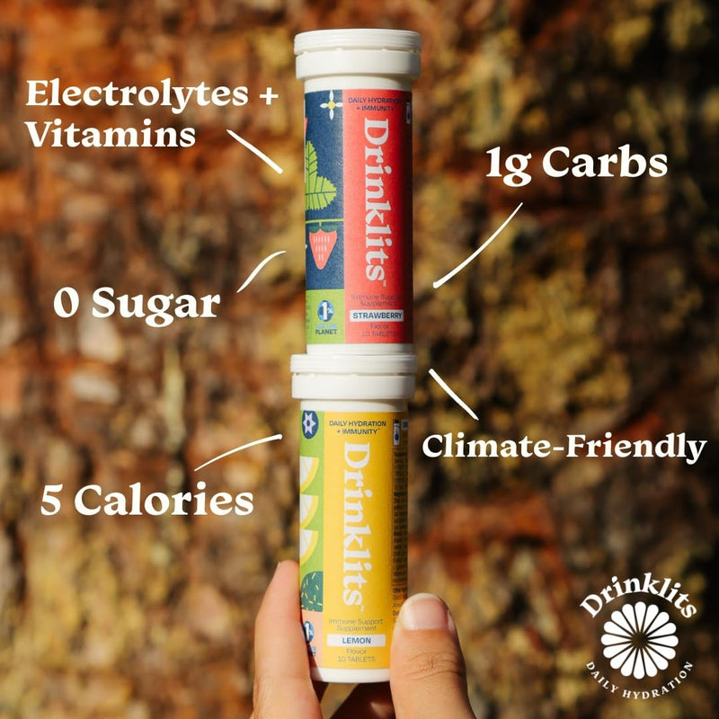 Drinklits Lemon & Strawberry Daily Immunity Tablets (4) Tube Bundle | Vitamin C Boost + Antioxidants + Electrolytes + 0g Sugar | 40 Servings - 10 Tablets Each