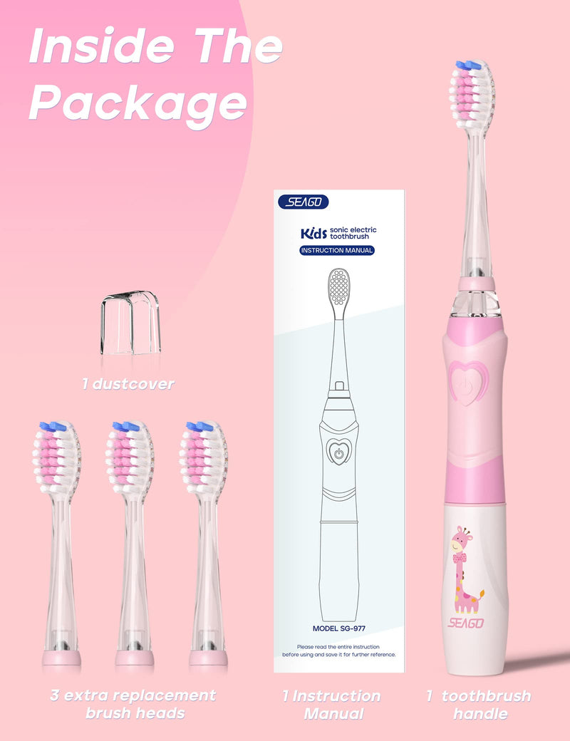 [Australia] - SEAGO Kids Electric Toothbrush with 2 Mins Brushing Timer and 4 Replacement Bursh Heads,Rainbow LED Light make Brushing Fun, Pink Color Girls Battery Powerd Toothbrush for 4-12 Years Old 