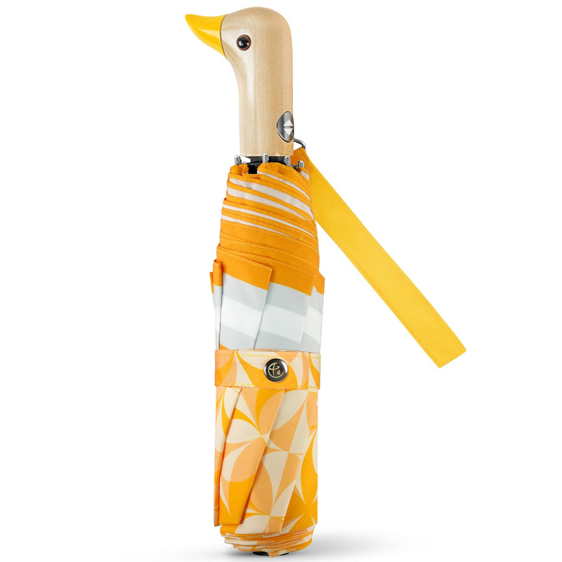 Cute Duck Umbrella Automatic - Compact Pretty Pocket Size Strong Duck Collapsible Umbrella Yellow Wooden Handle for Kids