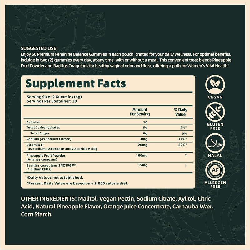 Premium Feminine Balance Gummies, Pineapple Gummies Women, Low Sugar for Women's Health and Wellness - Immune Support - Vegan, Gluten-Free - Hawaiian Pineapple - 60 Gummies - 30 Servings