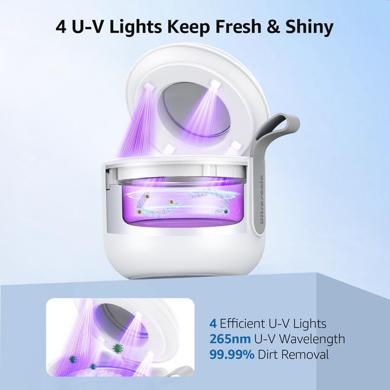 [Australia] - Ultrasonic Retainer Cleaner Machine: 48kHz Rechargeable Cordless Denture Cleaner - Waterproof Ultrasonic Jewelry Cleaner - 200ML Dental Cleaning Pod for Mouth Guard, Aligner, White 