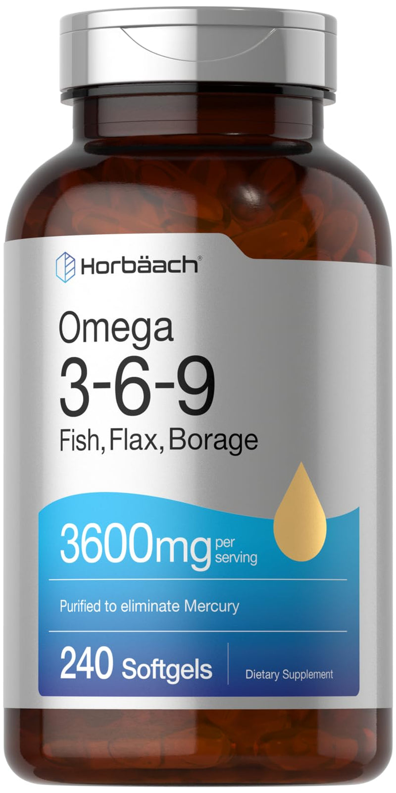 Horbäach Triple Omega 3-6-9 240 Softgels | from Fish, Flaxseed, Borage Oils | Non-GMO & Gluten Free