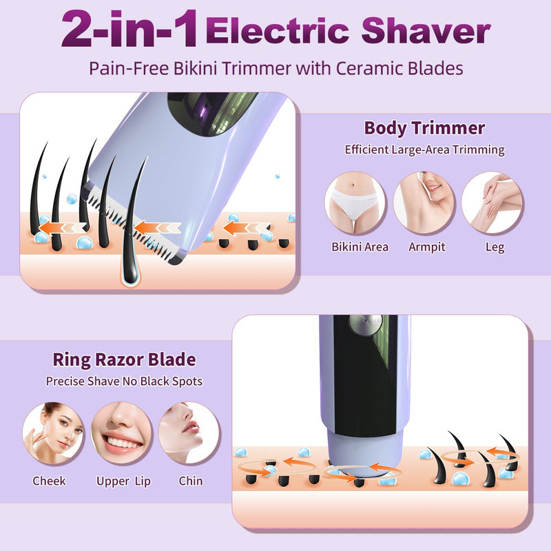 [Australia] - Electric Shaver for Women,2-in-1 Painless Hair Removal & Trimmer, IPX7 Waterproof for Shower Use for Face & Body Smooth Skin with LED Display, Rechargeable Razor for Travel Use Purple 