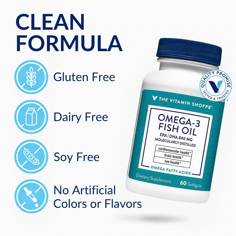 The Vitamin Shoppe Brand Omega 3 Fish Oil 1100 MG, Unflavored, 60 Softgels | EPA & DHA Softgels, Fish Oil Supplement for Men and Women, Gluten Free, Dairy Free, 60 Softgels 60 Count (Pack of 1)