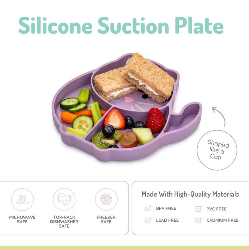 [Australia] - melii Divided Silicone Suction Plate - 100% Silicone, for Baby + Toddlers – BPA Free, Dishwasher & Microwave Safe (Cat) Cat 