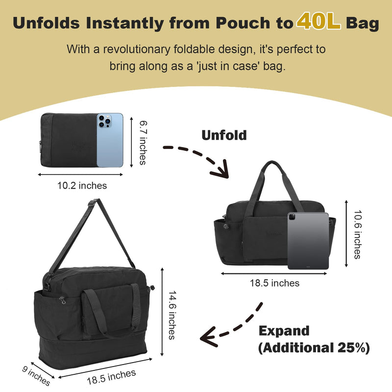 Foldable & Expandable Personal Item Travel Bag,black | Waterproof ,Wet-Dry Compartment ,Luggage Sleeve,Detachable Crossbody Strap,Carry on Bag,Weekender Bag for Women,Gym,Overnight Black