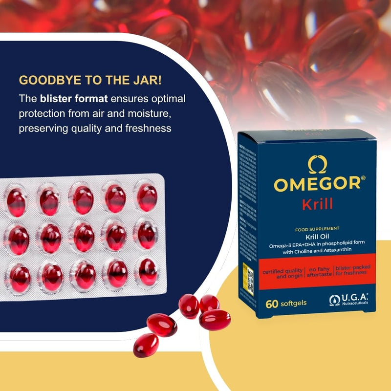 OMEGOR Krill Oil Capsules Omega 3 - Antartic Krill Oil with EPA, DHA, Astaxanthin, Choline, Phospholipids - High Bioavailability and No Aftertaste (60 Softgel Caps) Krill+D3