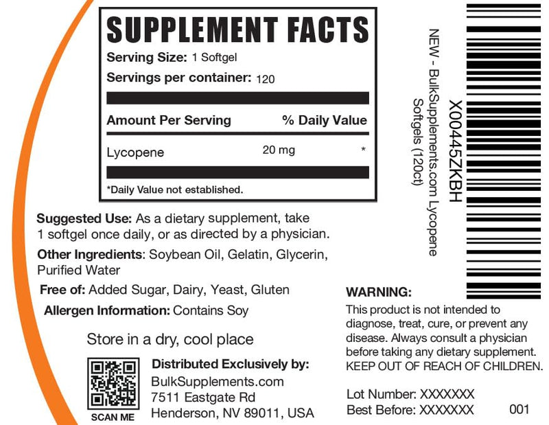 BulkSupplements.com Lycopene 20mg Softgels - Lycopene Supplement, Antioxidants Supplement - 1 Softgel per Serving, 120-Day Supply, 120 Softgels (Pack of 1)