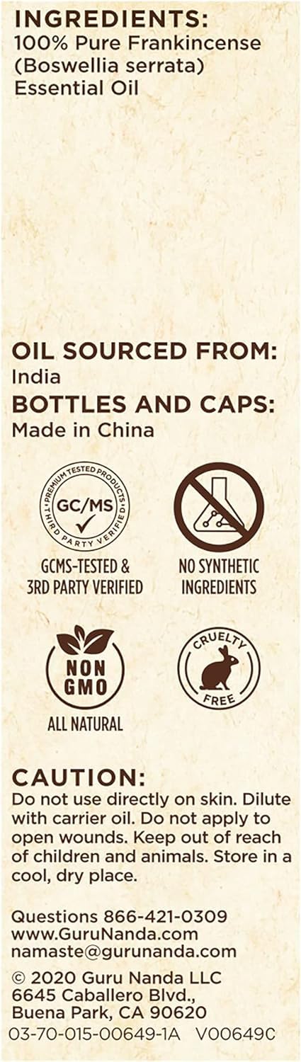 [Australia] - GuruNanda Frankincense Essential Oil (0.5 Fl oz) - 100% Pure, Natural and Undiluted Diffuser Oil for Aromatherapy, Massages & DIY Recpies - Supports Join Health & Promotes Radiant Skin Pack of 1 