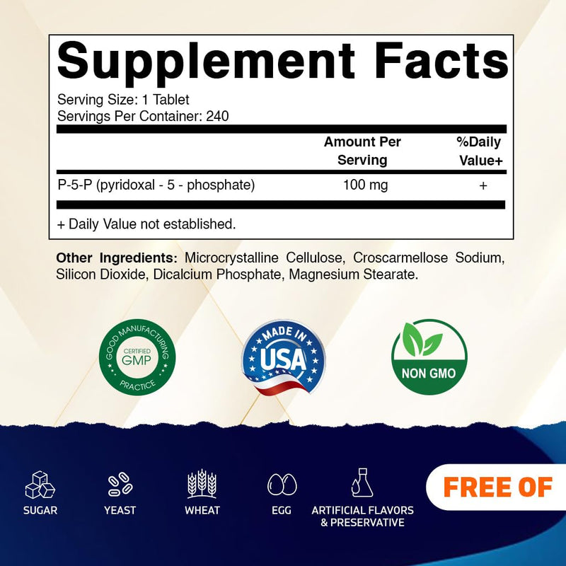 Vitamatic P5P 100 mg (Pyridoxal-5-Phosphate) – Active Form of Vitamin B6 – Energy & Nervous System Support – Non-GMO, Gluten-Free – 240 Tablets
