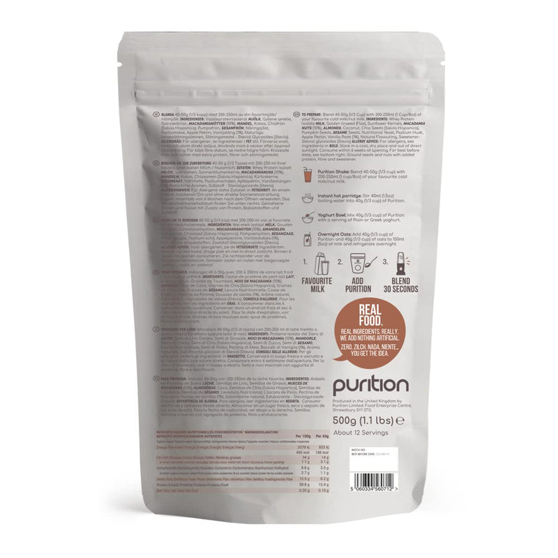 Purition Macadamia & Vanilla - Natural, Gluten Free, High Protein, Low Sugar, Keto, Vegetarian, Meal Replacement Shake for Healthy Weight Management, 500g, 12 Servings 500 g (Pack of 1)