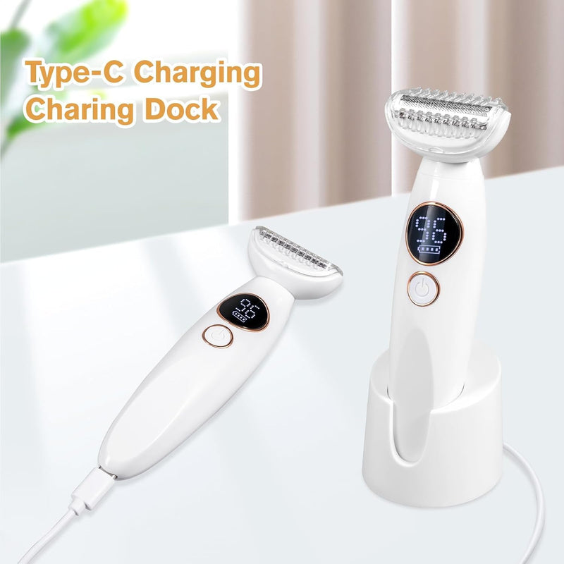Bikini Trimmer for Women, Electric Razors for Silk Skin 5-in-1, IPX7 Waterproof, USB Rechargeable, Electric Razors for Women for Face, Eyebrows, Body, Bikini Zone with Charging Station