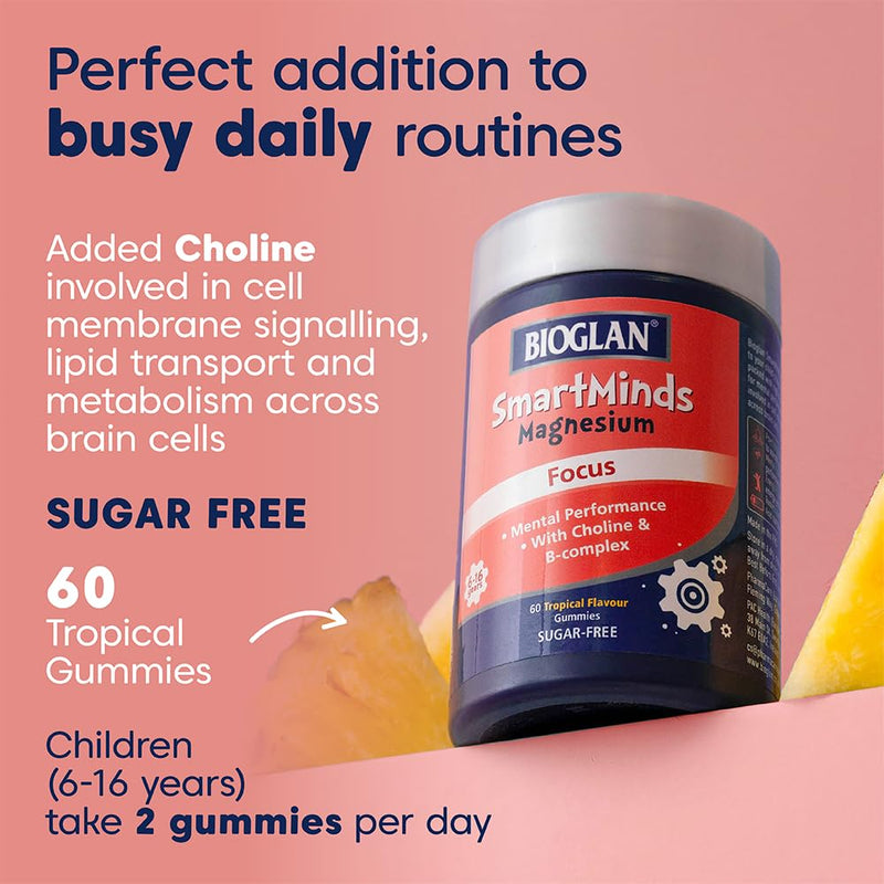 Bioglan SmartMinds Magnesium Focus Gummies for Kids, Sugar Free Tropical, Magnesium, Choline, Vitamin B5, B12 & Folic Acid, Children Age 6-16, 60 Gummies
