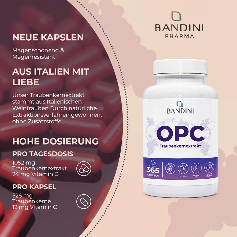 [Australia] - Bandini® grape seed extract 365 capsules 1076mg per dose | Highest OPC content according to HPLC | 95% pure grape seed extract from Italian grapes | 1052mg extract with 999.4mg OPC + 24mg vitamin C 