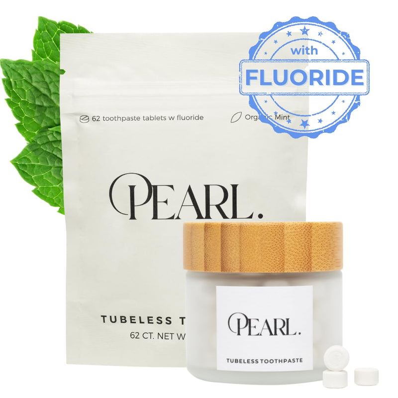 Starter Kit: The Pearl Jar & Fluoride Mint Toothpaste Tablets | Dentist Developed | Natural Whitening | TSA Approved | Reusable Packaging (Jar + 62 Tablets) 1 Count (Pack of 63)