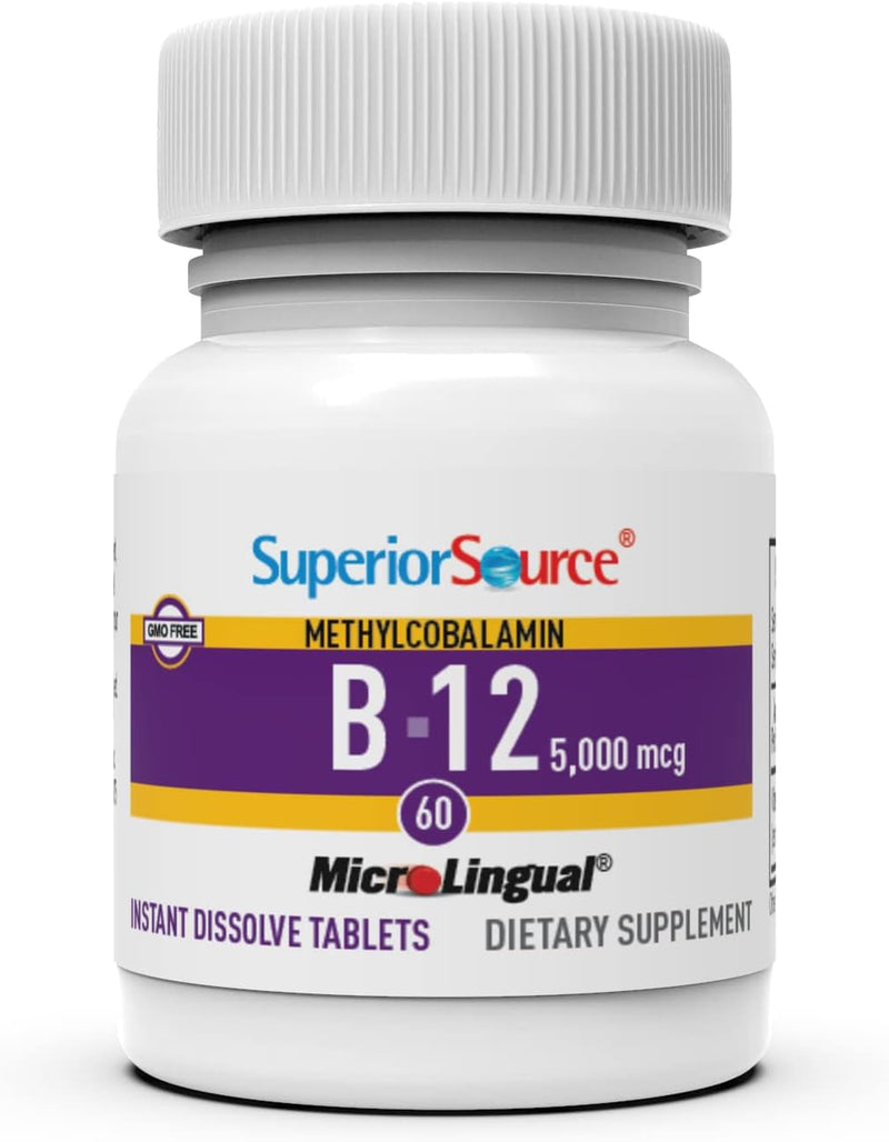 Superior Source No Shot Methylcobalamin B-12 5000 mcg - Vitamin B-12 to Support Energy Production, Brain Health & Overall Wellness - Sublingual Tablets for Fast Absorption - 60 Dissolving Tablets | Third-Party Tested Methylcobalamin B-12 Tablets Suppor...