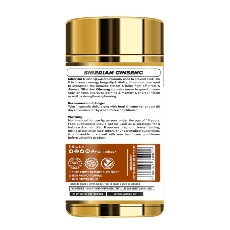 Vitaminnica Siberian Ginseng 500mg 5:1 Extract (Eqv. 2500mg)- 60 Capsules - High Strength Energy Supplement