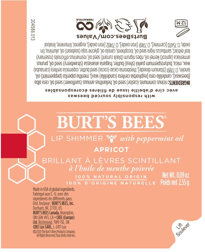 Burt's Bees Lip Balm, Moisturizing Lip Shimmer for Women, for All Day Hydration, with Vitamin E & Coconut Oil, 100% Natural, Apricot, 0.09 Ounce 1 Count (Pack of 1)