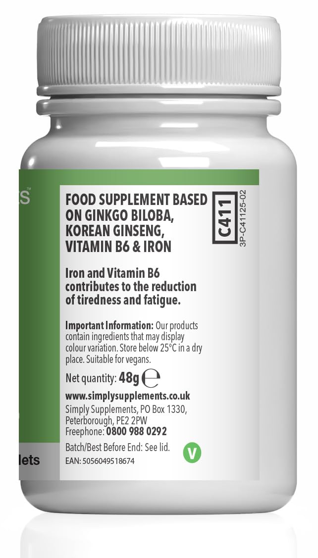 Ginkgo & Ginseng Complex | Standardised Extracts for Mental Performance & Energy | Iron & Vitamin B6 for Cognitive Function & Fatigue Reduction | 180 Tablets = 2 Months' Supply 180 count (Pack of 1)
