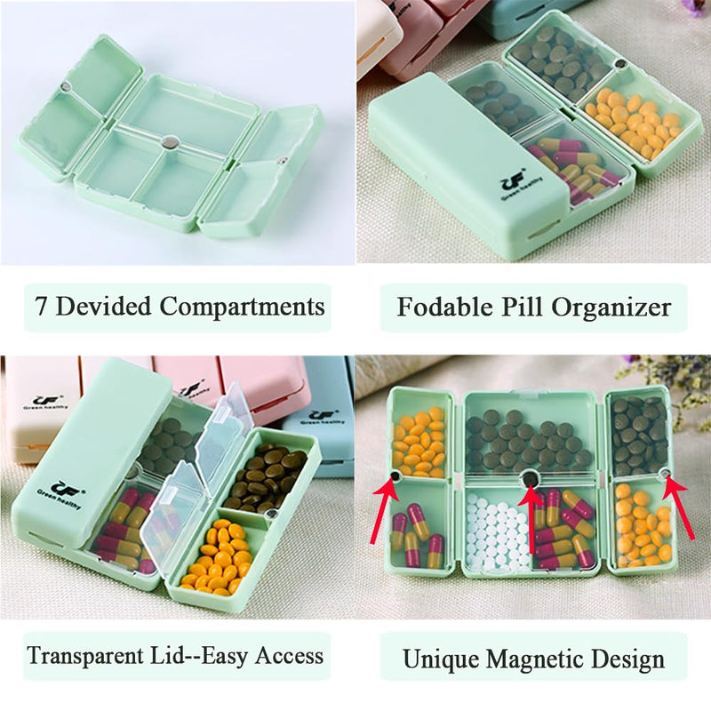 Daily Pill Organizer Box, 7 Compartments Portable Case for Travel | Folding Design Medicine Dispenser Reminder for Purse Pocket to Hold Vitamins, Cod Liver Oil, Supplements, Medication, Blue