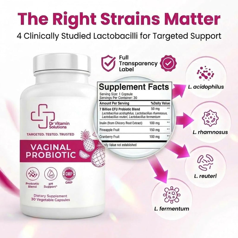 Vaginal Probiotics for Women pH Balance, 7 Billion CFU Lactobacillus | Odor and Flora Support, Prebiotics with Cranberry and Pineapple, 30 Capsules, 1 Month Supply, Made in USA, Third-Party Tested