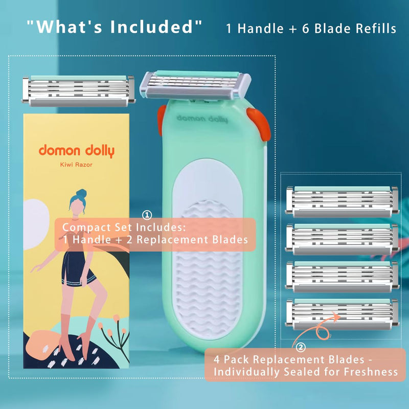 [Australia] - Razor for Women – Travel Essentia,Women's Travel Razor with 6 Refills & 3 Blades – Bikini, Legs & Face Shaver – Comfort Glide System – Compact Green 