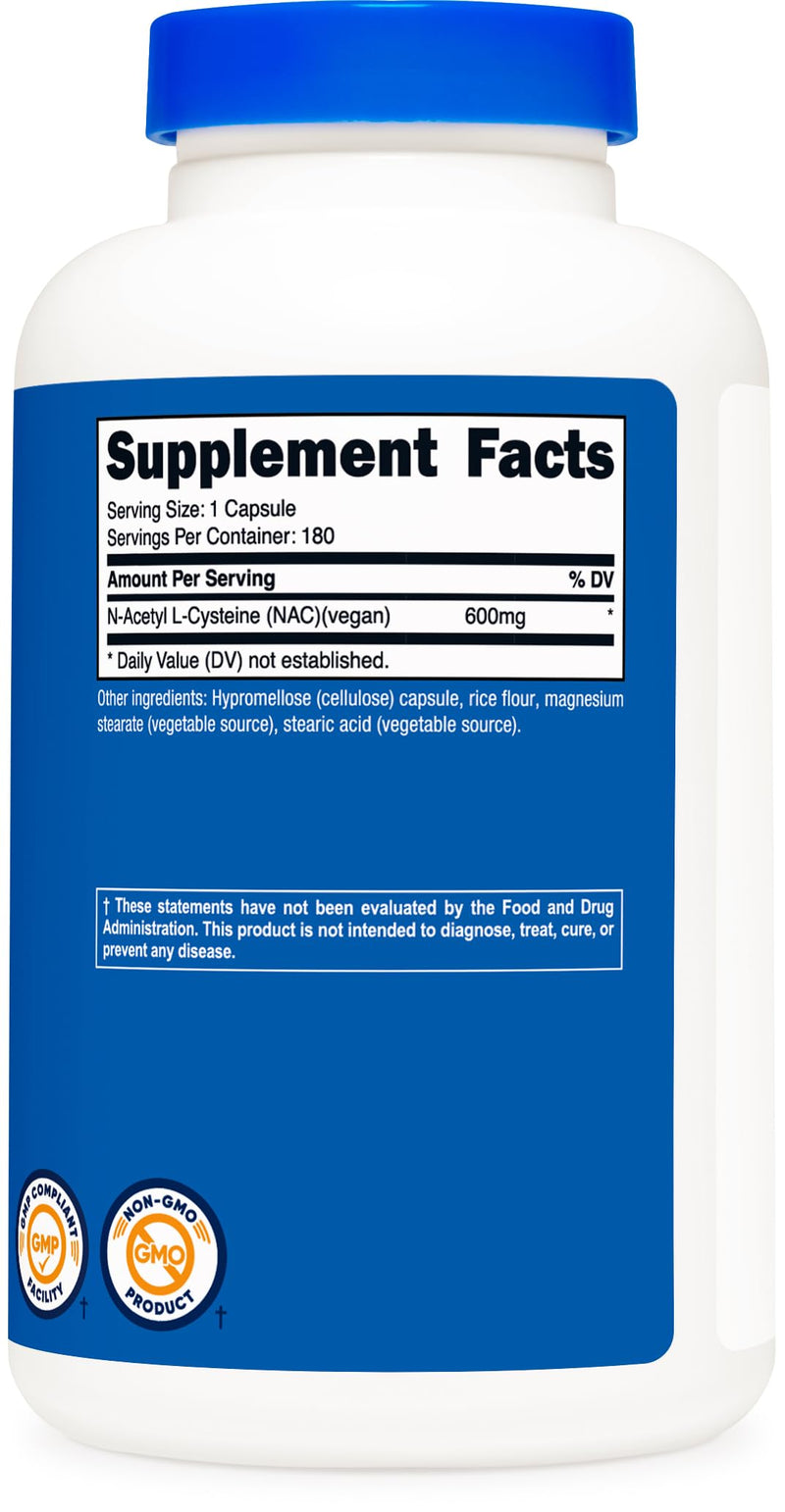 [Australia] - Nutricost N-Acetyl L-Cysteine (NAC) 600mg, 180 Capsules - Non-GMO, Gluten Free Unflavored 180 Count (Pack of 1) 