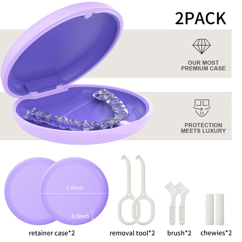 [Australia] - 2 Pack Retainer Case, Slim Aligner Case, Compatible with Invisalign, Mouth Guard Case, Cute Orthodontic Retainer Case with Retainer Removal Tool and Brush, Purple 2Pack-Purple 