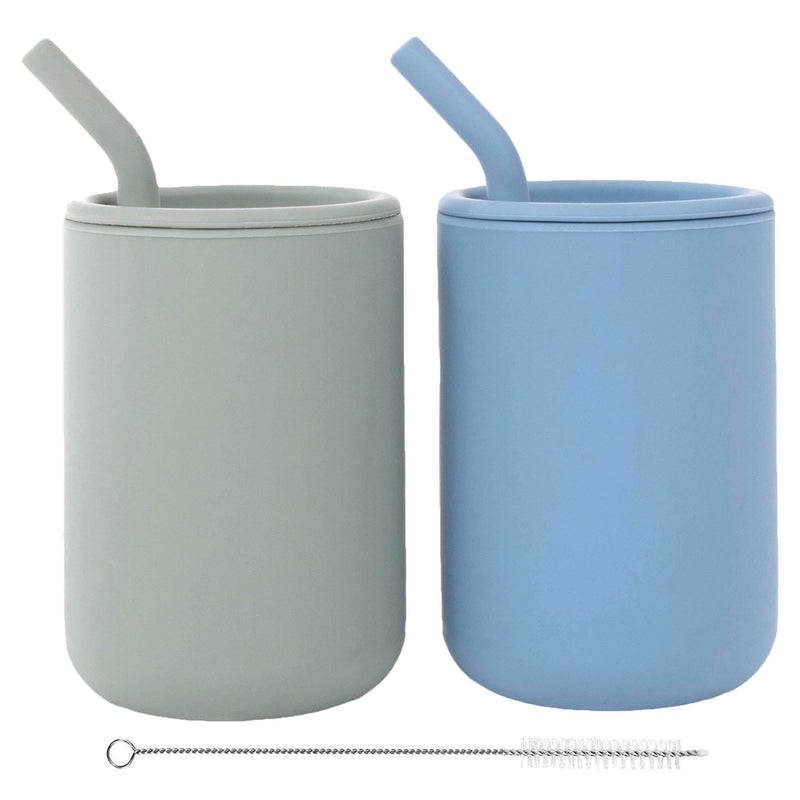 WeeSprout Silicone Baby Cups With Straws and Lids, 4 & 8 oz Options, Set of 2, Food Grade Toddler Training Container, Built In Straw Stoppers, Measurement Markings, Dishwasher Safe + Straw Cleaner Matte Blue, Matte Green