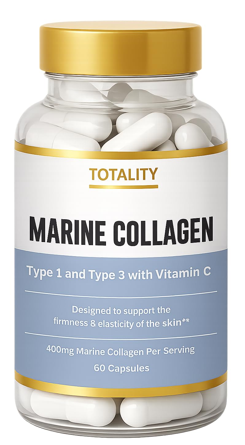 Totality Marine Collagen Capsules – Type I & III with Vitamin C, 400mg Per Serving – 60 Capsules, 30-Day Supply – Skin, Hair, Nail & Joint Support from Wild-Caught Marine Source
