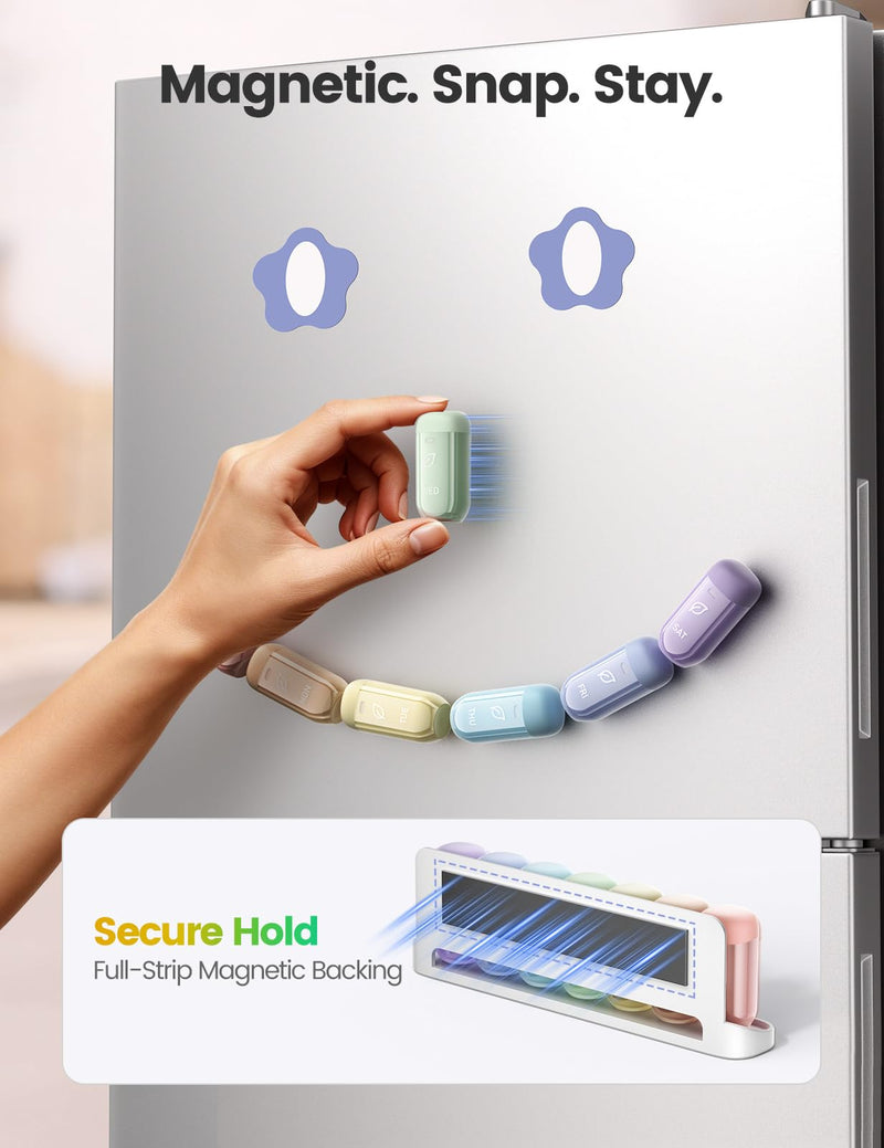Weekly Magnetic Pill Organizer, 7 Day Once Daily, Removable Cases | Airtight Silicone Seals, Moisture-Proof, Contains 14 Desiccant Packs, Large Capacity for Vitamins and Supplements, Rainbow