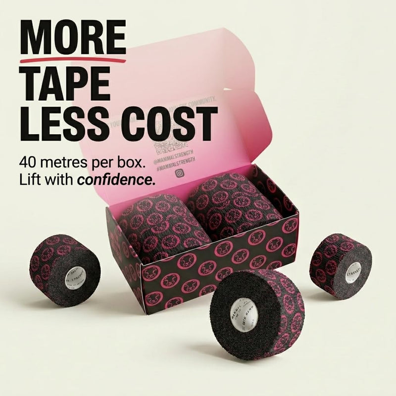 Mammal Strength Thumb Tape 5M / 10M Rolls - Super Sticky & Stretchy Weightlifting Tape for Cross Fit, Olympic Lifting - Flexible & Easily Tearable Hook Grip Tape 10 Metre 2.0 Black/Pink