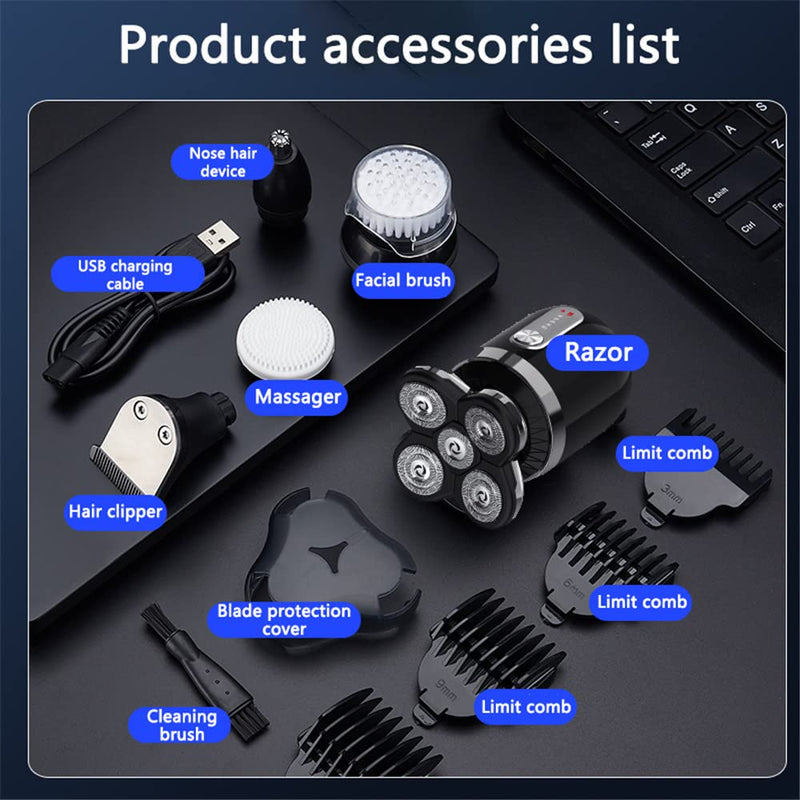 [Australia] - Head Shavers for Men, Men’s 5-in-1 Electric Head Shaver, Waterproof Electric Razor, Rechargeable Wet and Dry Mens Grooming Kit Head Shaver A 5 Head 