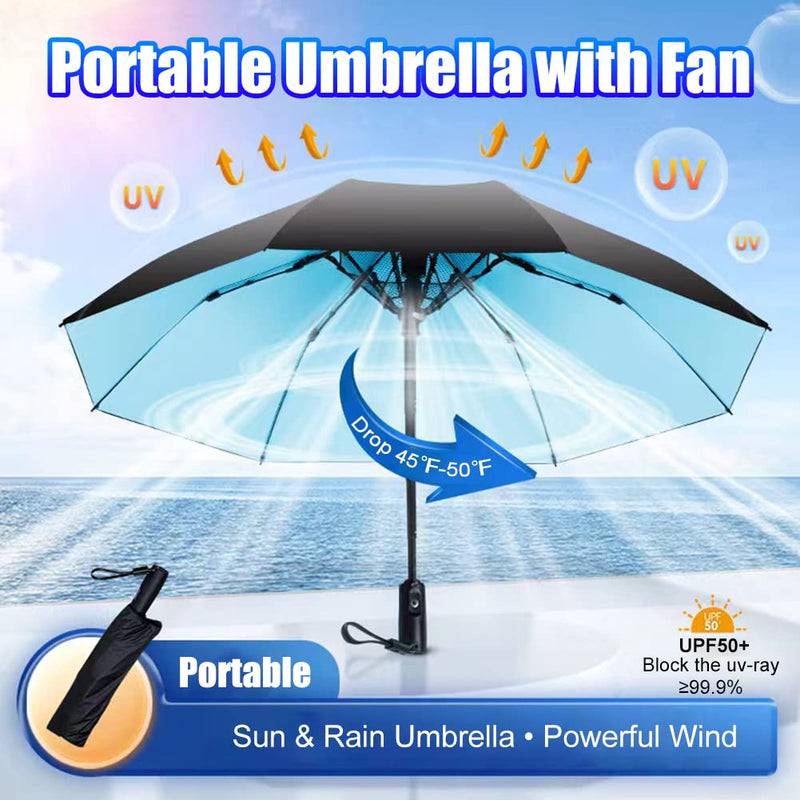 WOOLALA Newly UV Sun Umbrella with Fan, Portable Cooling UPF 50+ Foldable | USB Rechargeable Travel Umbrellas for Watching Games, Playground, Heatstroke, Hot or Rain Days in Black