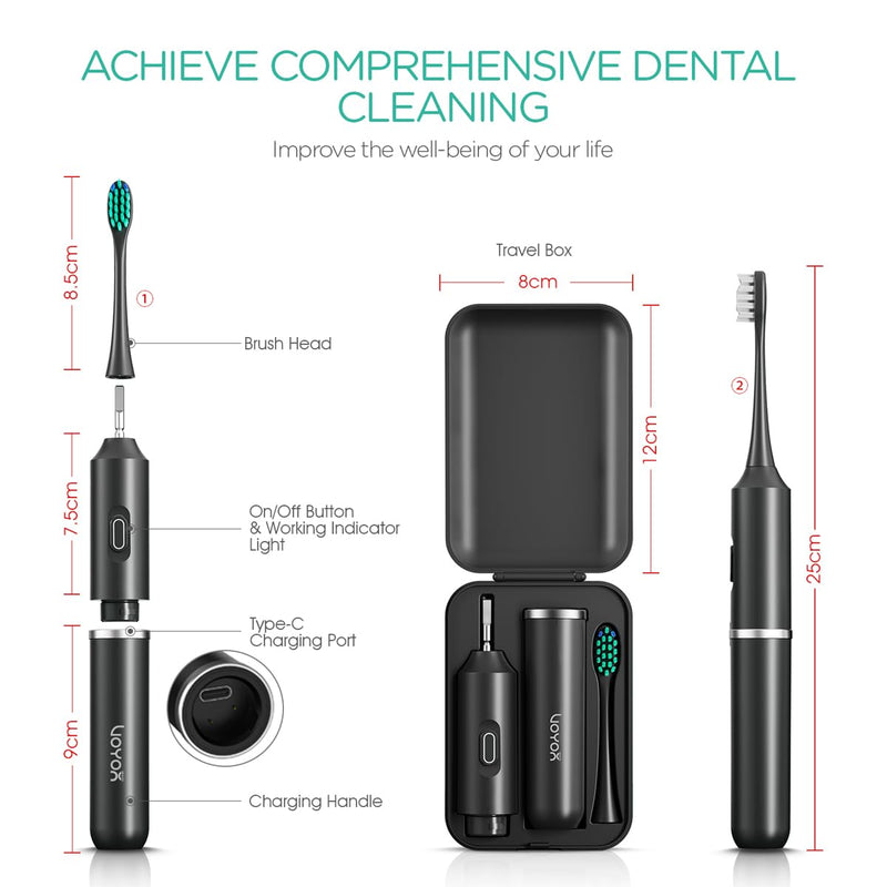 VOYOR-Health Travel Electric Toothbrush, Rechargeable Toothbrushes for Adults, Portable Sonic Toothbrush with 5 Modes, Three-Section Detachable Design with Travel Case ET410 (Black) Black