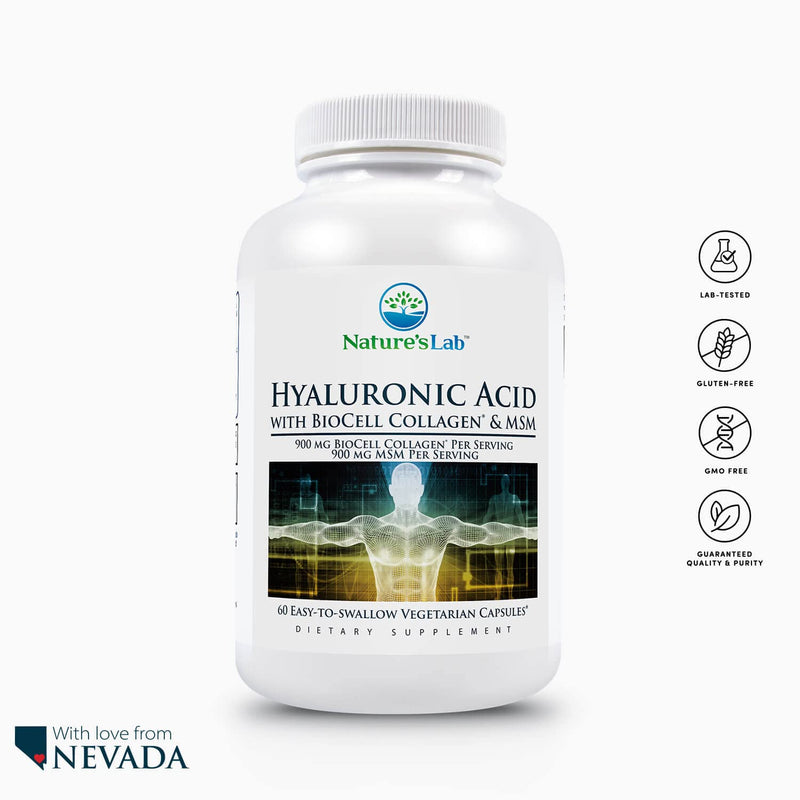 [Australia] - Nature's Lab Hyaluronic Acid with Biocell Collagen and MSM - Skin Hydration, Joint Health - 60 Capsules (20 Day Supply) 
