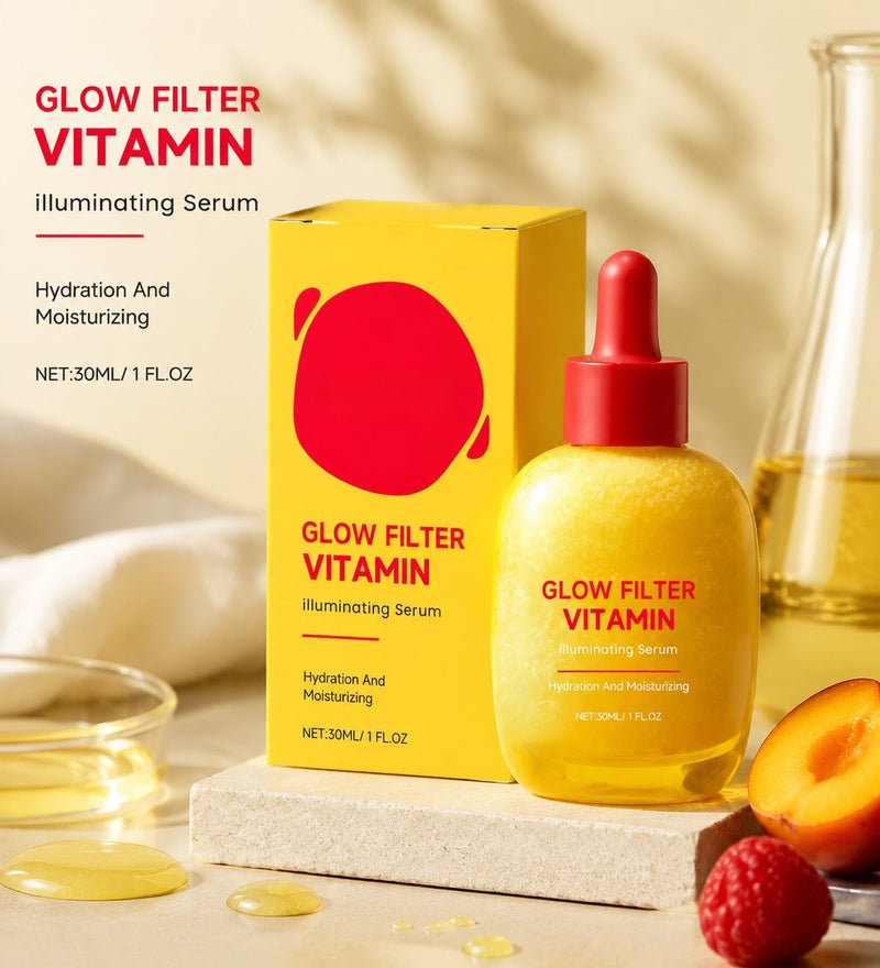 2PCS Glow Filter Vitamin Illuminating Serum | Hydration & Moisturizing Face Serum | Brightening Vitamin C & Hyaluronic Acid for Radiant Glow | Dark Spot & Uneven Tone Care, 1 Fl.Oz (30ml)
