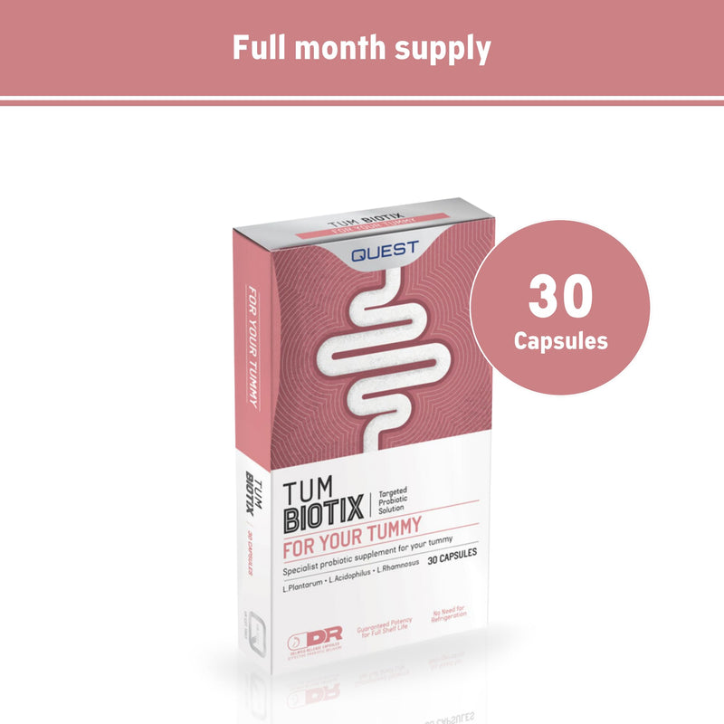 Quest Tum Biotix Gut Health Probiotics Supplements & Balance Gut Flora. 2 Billion CFU Helps Restore Gut Friendly Bacteria. Vegan Multi Strain Probiotic Digestive Supplement (30 Capsules) 30 count (Pack of 1)