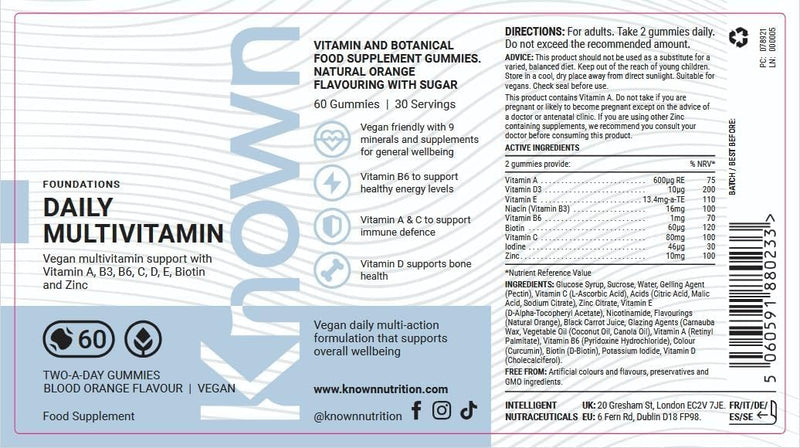 Known Daily Multivitamin Gummies – Blood Orange Flavour – Vegan Gummy Supplement – Vitamin A, C, D, E, B6, Biotin, Zinc, Iodine – Immune Health, Energy, Wellbeing – 1 Month Supply – for Men & Women