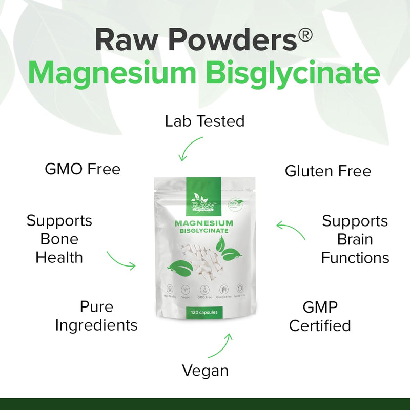 Magnesium Bisglycinate 500mg – 120 Capsules | 200mg Elemental Magnesium per Serving | High Strength Magnesium Glycinate | for Energy, Muscles & Nervous System | Vegan | Raw Powders
