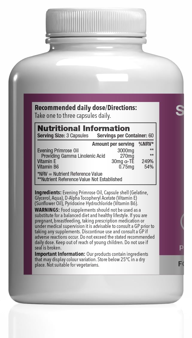 Evening Primrose Oil 3000mg Capsules | Supports Hormonal Balance & Healthy Skin | with Added Vitamins B6 & E | 360 Softgels Capsules = 4 Months’ Supply | GMP-Certified & UK-Made Unflavoured 180 count (Pack of 2)