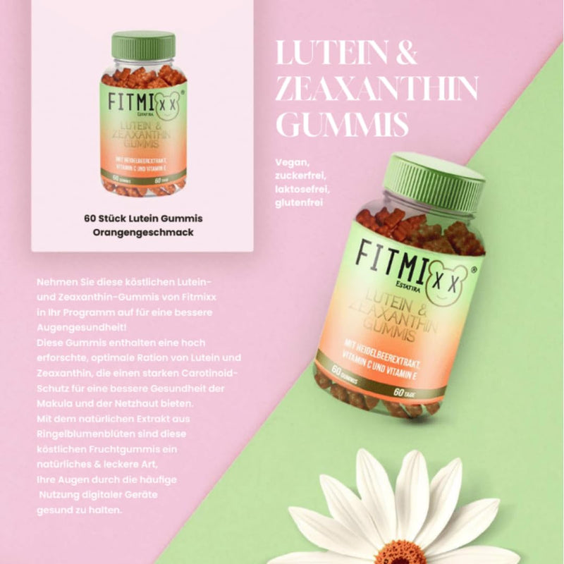 [Australia] - Fitmixx eye vitamins - 60 lutein zeaxanthin complex gummy bears with beta carotene, high-dose vitamin C - gummy bears vegan, lactose-free, sugar-free - eye vitamins - 100% natural 