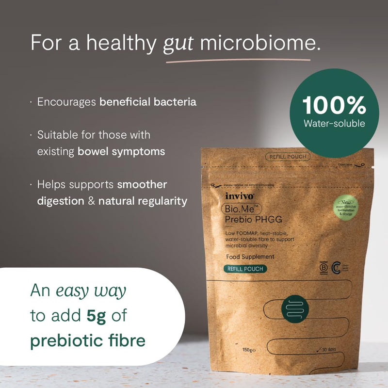 Bio.Me Prebio PHGG Refill Pouch (30 Day Supply) - Prebiotic Fibre Powder Supplement - Water Soluble Fibre to Support Microbial Bacteria Diversity in The Gut - Vegan Friendly & Gluten Free - by Invivo 150g (Pouch)
