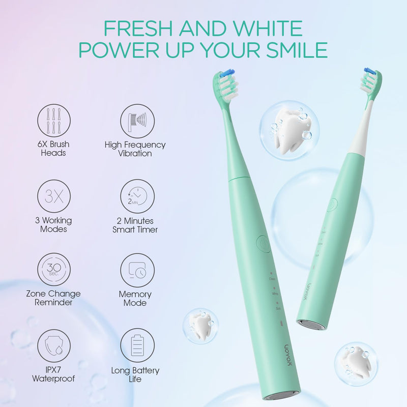 [Australia] - VOYOR-HEALTH Portable Electric Toothbrush - 90-Day Battery & IPX7 Waterproof, Fast-Charging Sonic Toothbrush with 6 Brush Heads & Smart Timer | Ultra Cleaning, Travel-Friendly Design | ET110 (Green) Green 