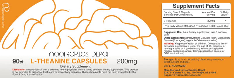 [Australia] - Nootropics Depot L-Theanine Capsules 200mg (90 Count) | Promotes Relaxation | Supports Healthy Stress Levels + Sleep Cycles | Promotes Cognitive Function + Focus | Amino Acid Supplement 90 Count (Pack of 1) 