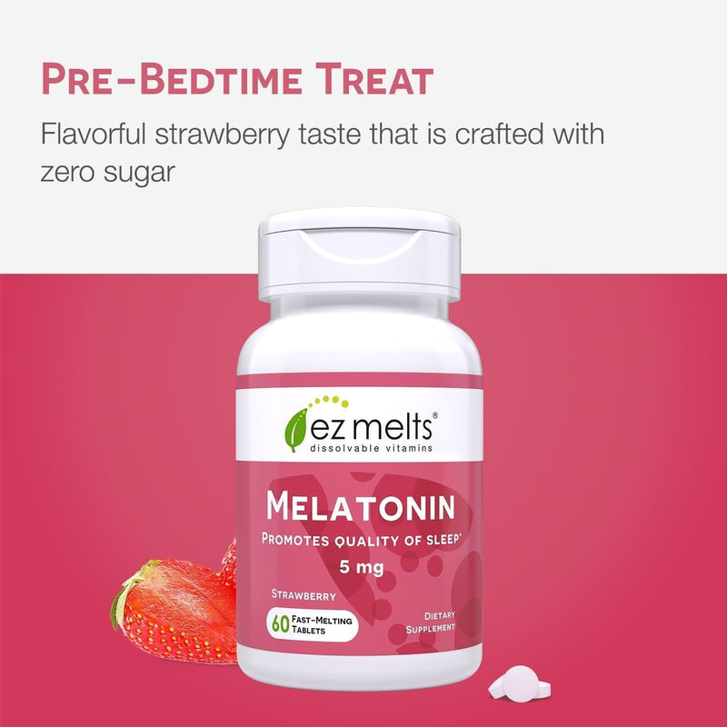 EZ Melts Dissolvable Melatonin 5 mg, 120 Tablets (120 Servings), Strawberry | Sleep Support Supplement, No Artificial Flavors, Non-GMO & Sugar-Free 60 Count (Pack of 2)
